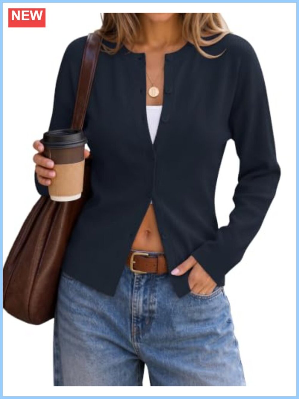 Lightweight Fitted Knit Cardigan Button Front Crew Neck Sweater